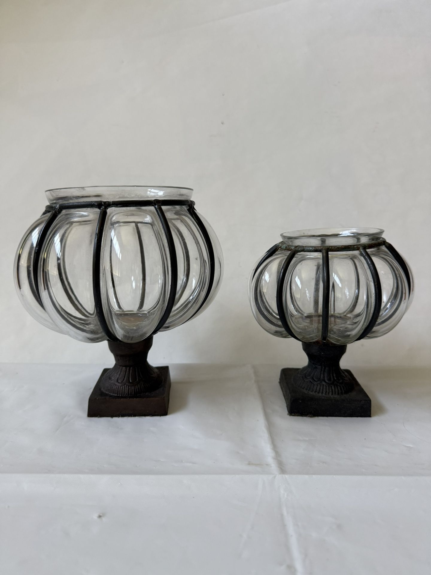 Pumpkin Shaped Caged Glass on a Metal Pedestal Candleholder - Set of 2