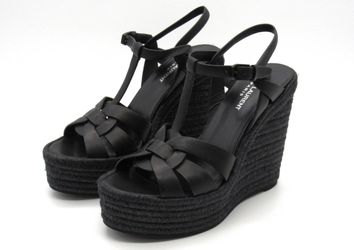 Saint Laurent Maine 85 Espadrille Wedge Sandals Black Leather YSL Size 39 Italy