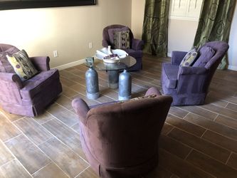 Conversation seating. Purple (eggplant), microfiber swivel chairs. Set of 4