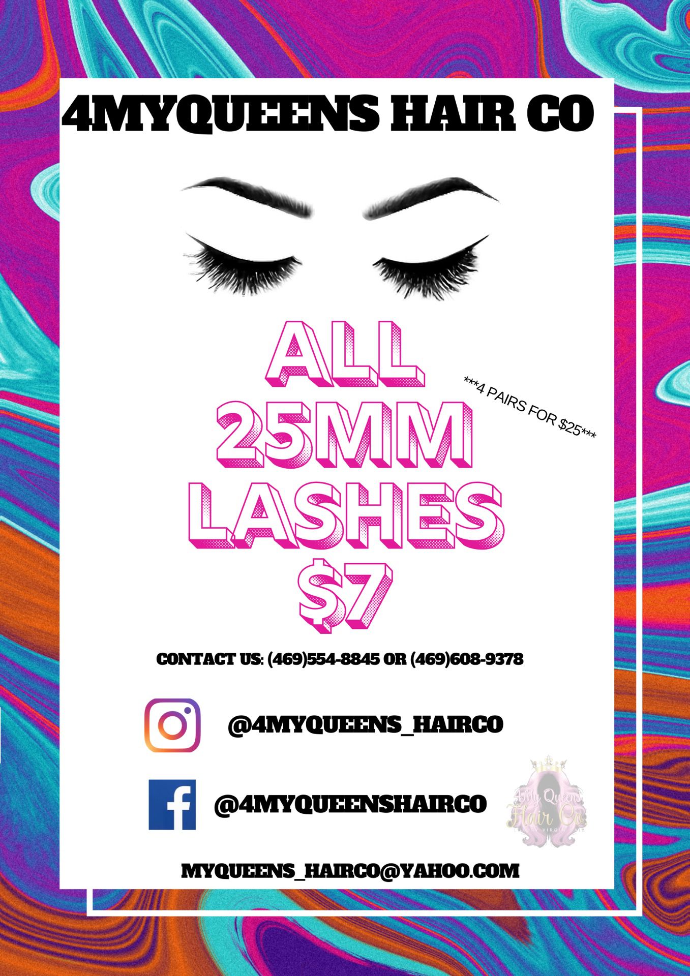 25mm Lashes $7 or 4 pairs for $25