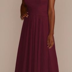 Davids Bridal Mesh one-shoulder bridesmaid dress with full skirt - Wine
