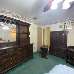 1960s Solid Dark Heavy Wood King Bedroom Set