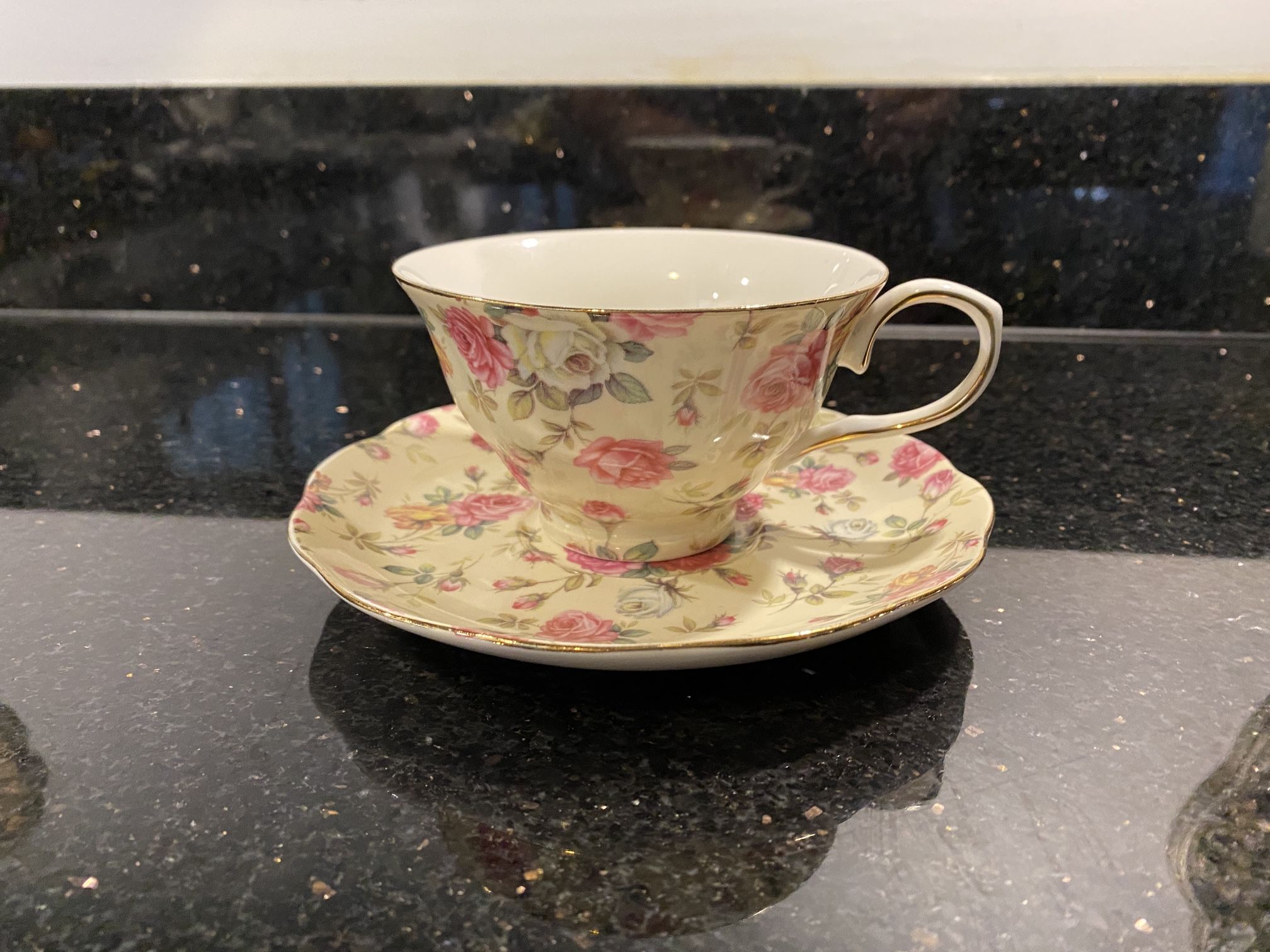 Gracie Bone China Mint Rose Chintz Coffee Teacup & Saucer by Coastline Imports