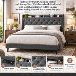 FULL SIZE upholstered bed with charging station winged headboard. No boxspring needed. gray