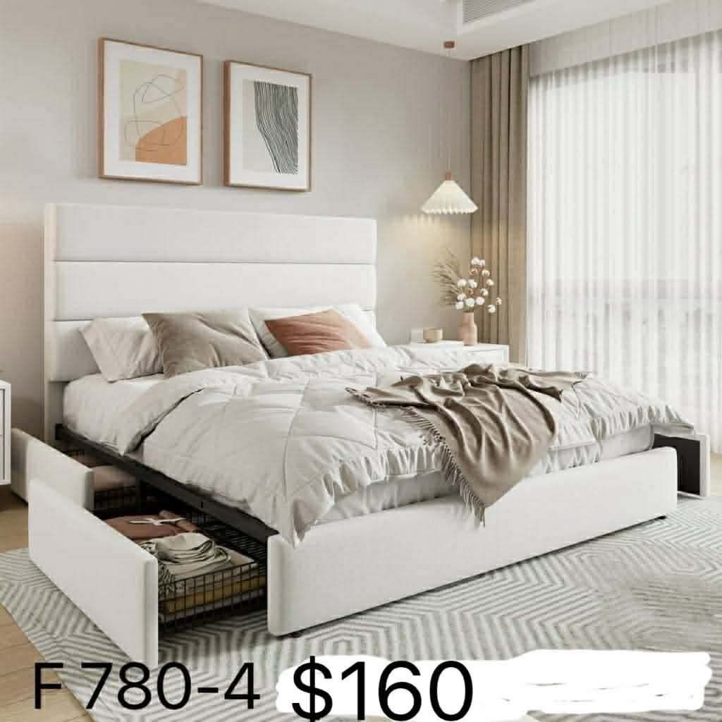 Modern Full Size Platform Bed Frame with 4 Storage Drawers and Velvet Upholstered Headboard (780-4)