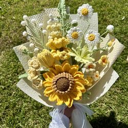Crocheted Sunflower and yellow Hyacinth Bouquet