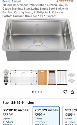 28 Inch Undermount Workstation Kitchen Sink, 16 Gauge Stainless Steel Ledge Single Bowl Sink with Bamboo Cutting Board, Roll-Up Rack, Colander, Bottom