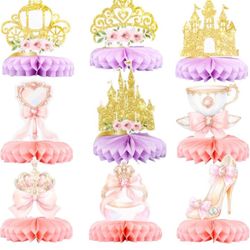 Gyufise 9 Pack Floral Princess Honeycomb Centerpieces Pink and Gold Castle Crown Carriage Party Table Decorations for Princess Theme Party Decorations