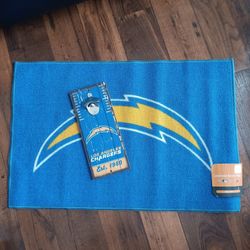 Los Angeles Chargers FANMATS Accent Rug and WinCraft Wooden Bottle Cap Opener Set