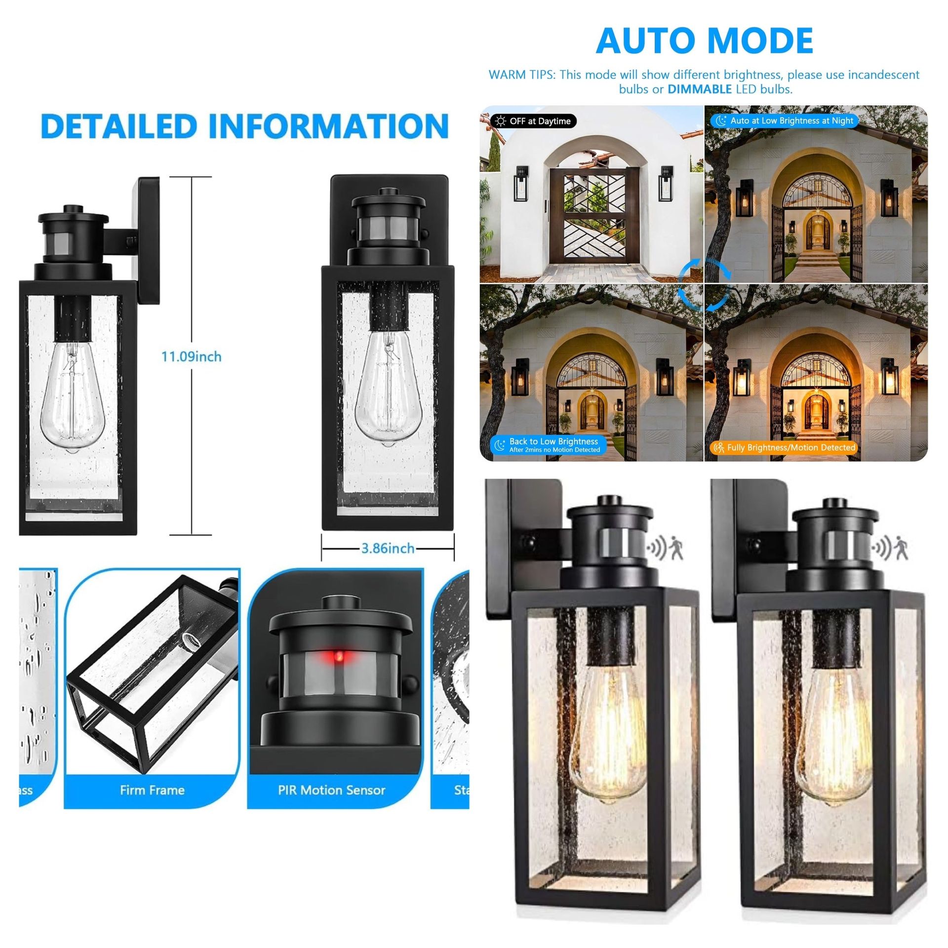 2-Pack Motion Sensor Outdoor Wall Lanterns, Upgrade Dusk to Dawn Sconce, Waterproof Porch Light Fixtures Wall Mount with Seeded Glass for Entryway Doo