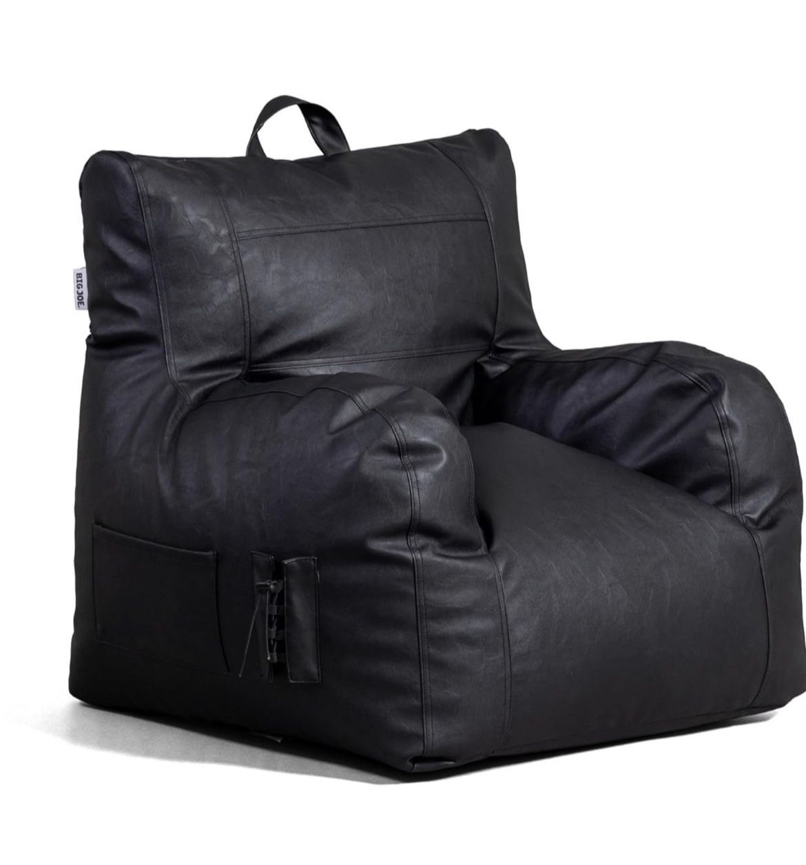 Big Joe Dorm Bean Bag Chair with Drink Holder and Pocket, Black Vegan Leather, Kids and Teens, 3 feet