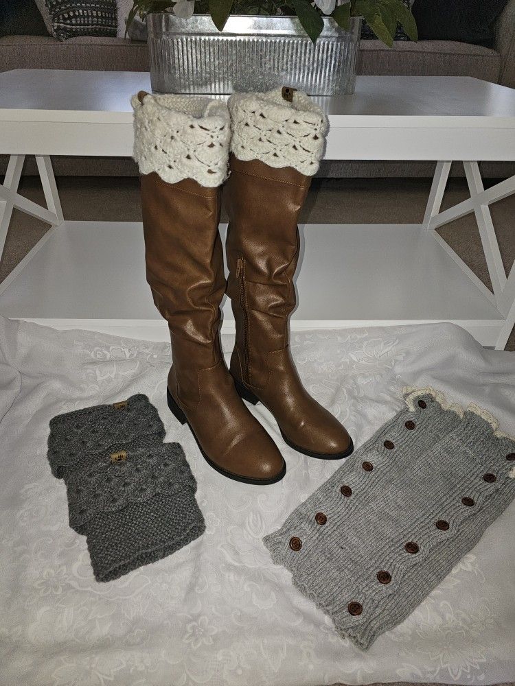 🤎🕊️Beautiful Brown Calf High Boots & Knit Boot Cuffs🕊️🤎