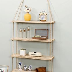 Handmade Rustic Wooden Floating Shelf with Rope