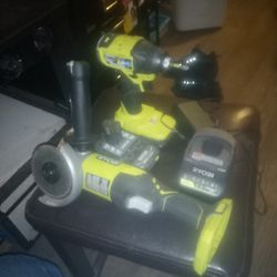 Cordless Ryobi Impact Driver And Angle Grinder One+ 18 V With 2 Batteries And A Charger.