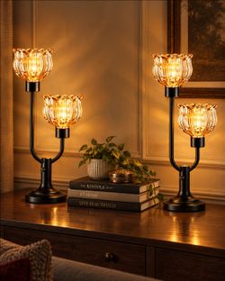 Nightstand Table Lamps Set of 2 Flower Amber Glass