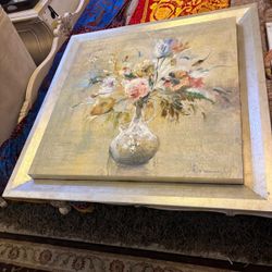 Artist Dulon , M … white vase oil canvas painting on a wood silver leaf frame . 37” x 37 “   $150