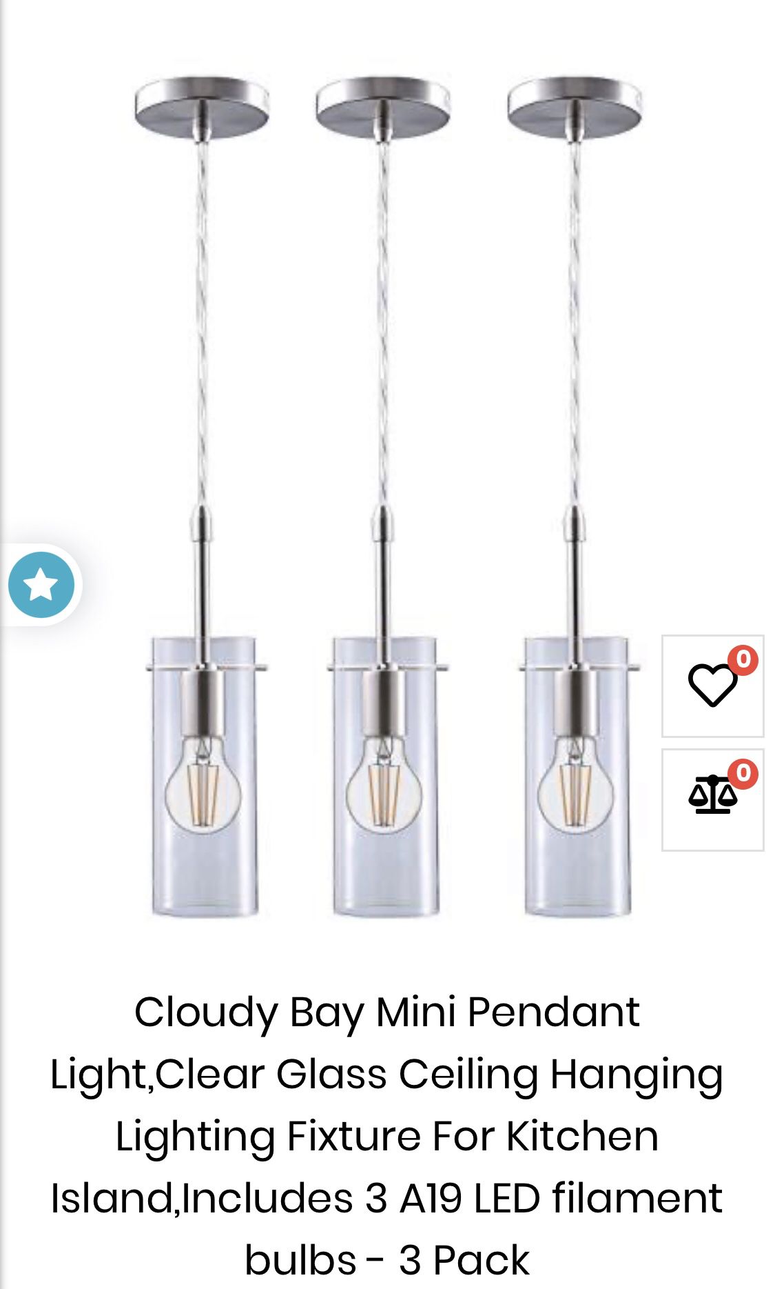 Cloudy Bay Mini Pendant Light,Clear Glass Ceiling Hanging Lighting Fixture For Kitchen Island,Includes 3 A19 LED filament bulbs - 3 Pack.