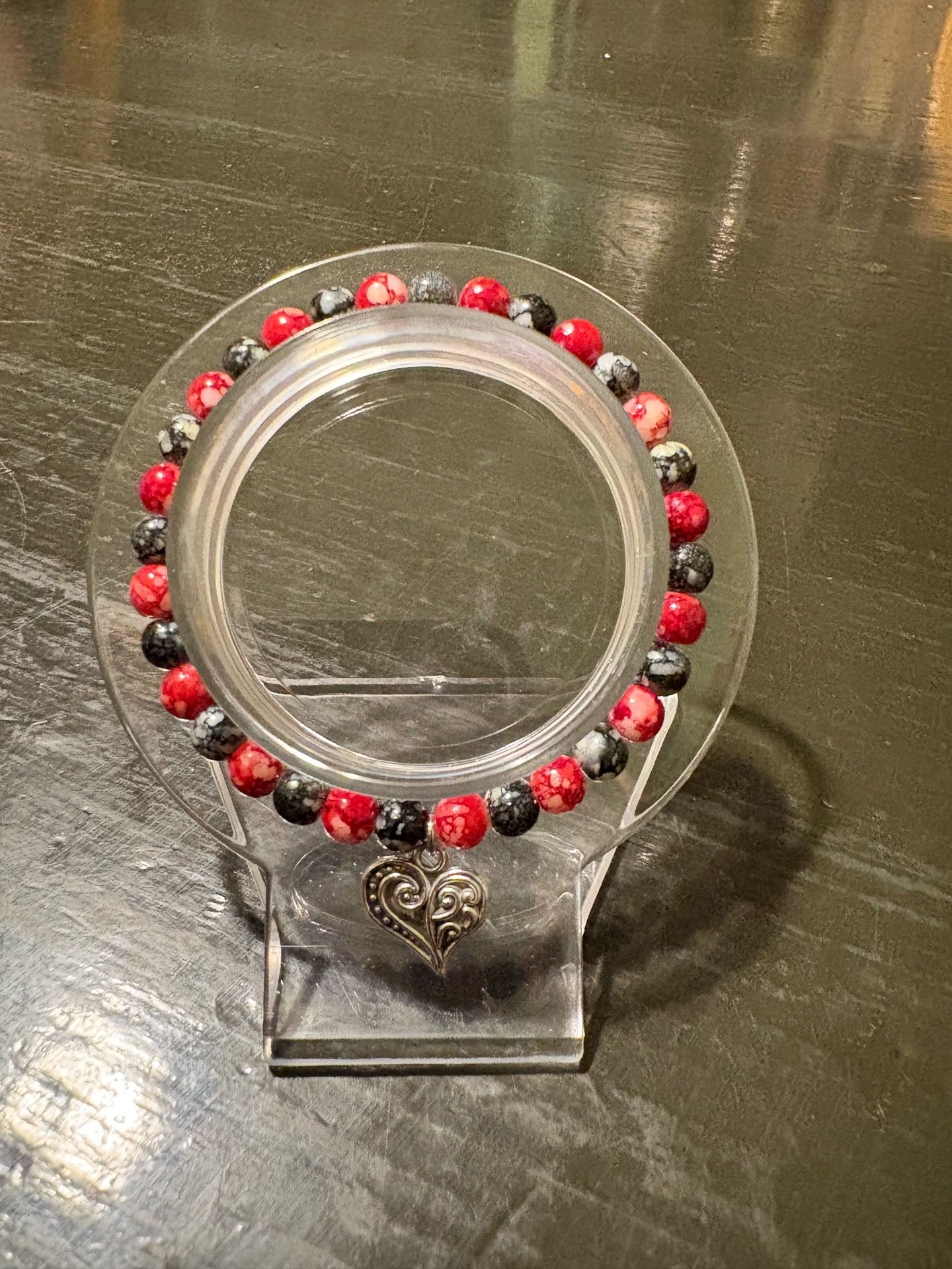 Homemade Black&Red Beaded Stretch Bracelet w/ Silver Heart Charm