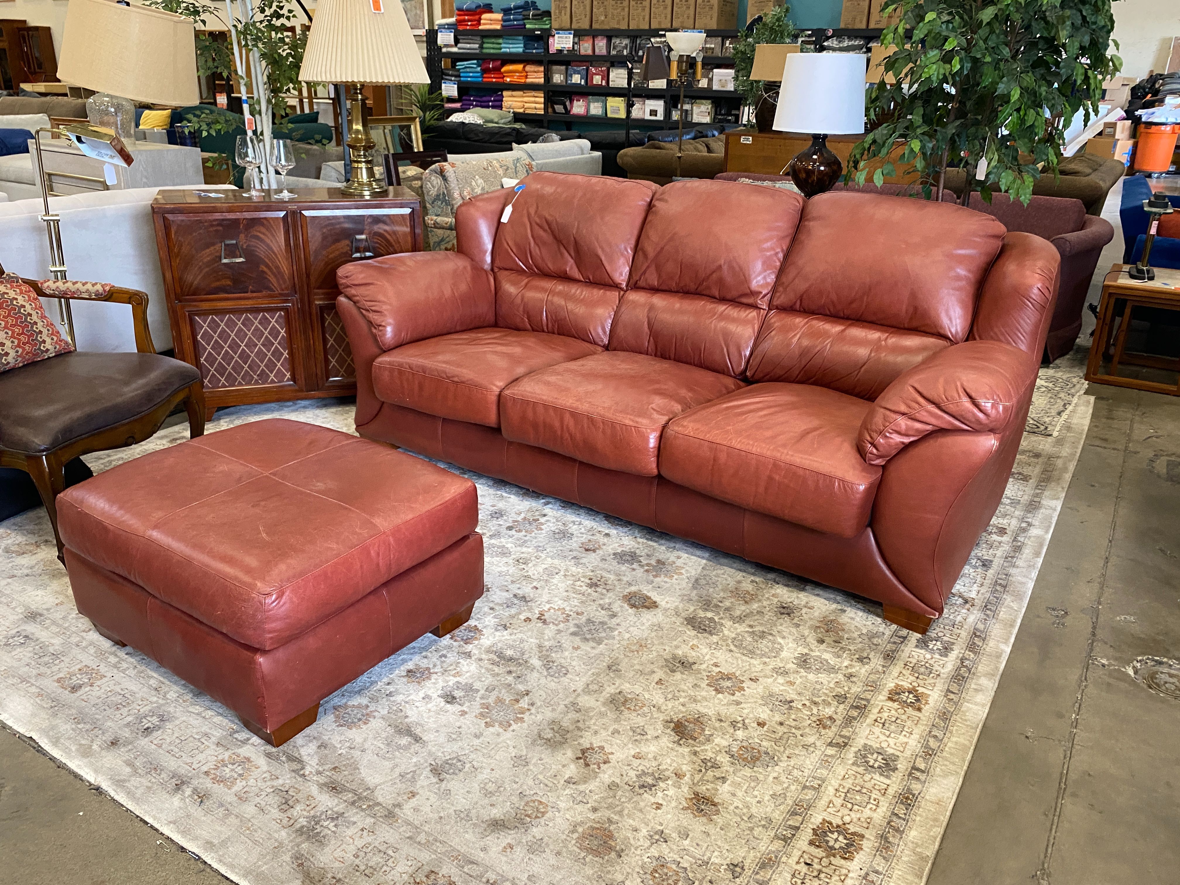 Brick Red Crescent Moons Leather Sofa and Ottoman