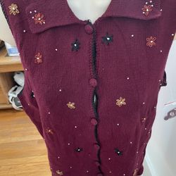 NWOT Vintage Classic Elements Burgundy Embroidered Beaded Floral Sleeveless Cardigan Sweater, size S