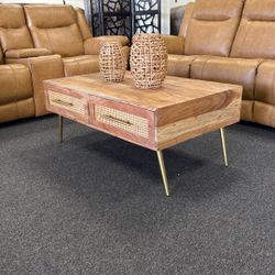 Solid Acacia Wood Coffee Table With Metal Mid Century Modern Legs And Cane Drawers
