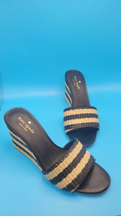 Kate Spade "Linda" (Size 7M) Black Striped Woven Wedge Slides  ~Near Mint Cond. Price is firm Cash only