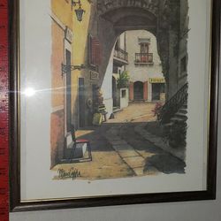 Vintage Signed Print by Mario Cuppa, Mediterranean Street - Large & Framed