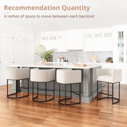 Set 4 Counter Height Bar Stools, 27" H Barrel Counter Stools, White Fabric Upholstered Accent Barstools