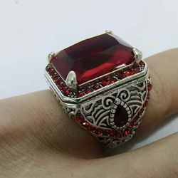 Vintage Design Business Men's Square Cut Red Crystal Zirconia Ring size 10
