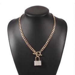 Gold Chain Necklace with Bling Padlock Pendant