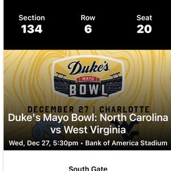 Duke Mayo bowl WVU VS UNC GREAT SEATS 