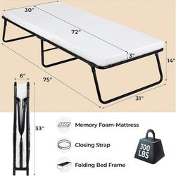 Folding Bed,Rollaway Bed with Mattress for Adults,Portable Bed,Metal Frame with Memory Foam Mattress,for Bedroom,Office,Camp,No Assembly Required,(75"