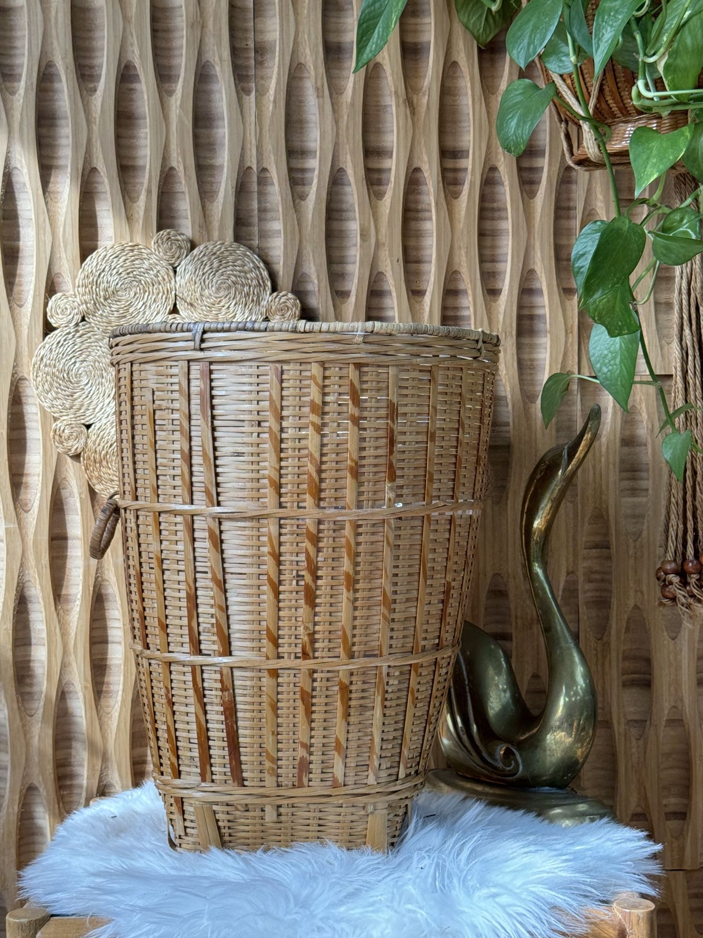 Vintage Woven Bamboo Rattan Wicker Lined Tall Basket Plant Pot Cover Storage Wastebasket Hamper Boho
