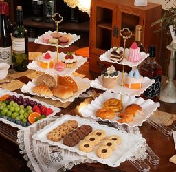 Dessert Table Display Set 13PCS, 3-Tier Cupcake Stand Set with Metal Gold Rods, 3 Round & 3 Square Dessert Stands, 4 Serving Trays & 3 Tongs for Weddi