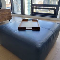 Blue Leather Ottoman 