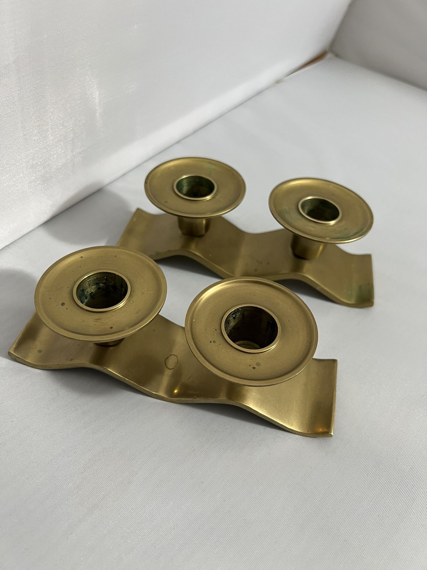 Wavy Squiggly MCM Pair Aged Brass Candle Holders