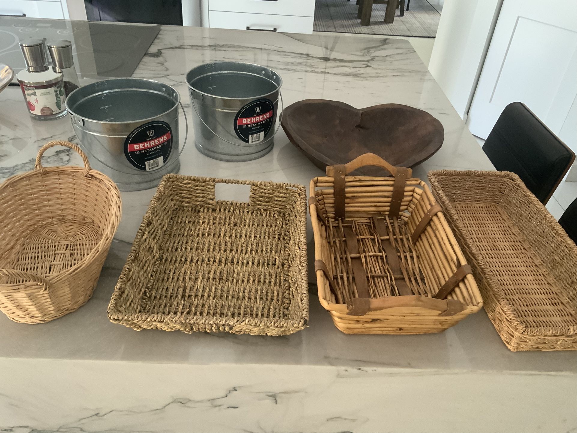 Lot Of Baskets, Buckets, Entertaining Dish, Wicker Display Pieces, Heart Wood Platter - $25 For Lot OBO