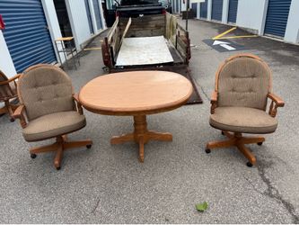 Vintage Table And Two Chairs  Table  46 1/2” deep  46 1/2” wide  29” tall  Chairs  24 3/4” wide  19 3/4” deep  18 1/2” floor to seat  38” tall in back