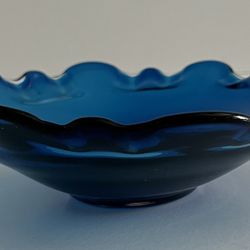 Vintage Hand Blown Blue Glass Candy Nut Dish Scalloped Edge