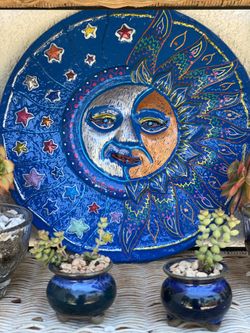 Boho Mexican Sun Moon Stars Rustic Concrete Wall Plaque
