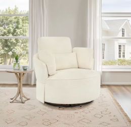Nova Champagne Fabric Upholstered 360° Swivel Accent Chair Metal Base Barrel Chair with Pillow