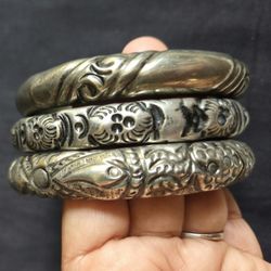 3 Antique Silver Tone Bangle Bracelets Engraved Patterns Fits 2.50" Wrist Size 