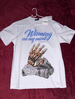 White PUMPKIN "Winning on my mind" graphic tee with gold & silver crown graphic, size L #pumpkin #graphictee