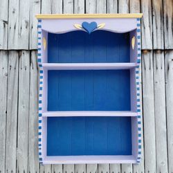 Large handmade wooden wall shelf - whimsical purple & navy blue painted heart design