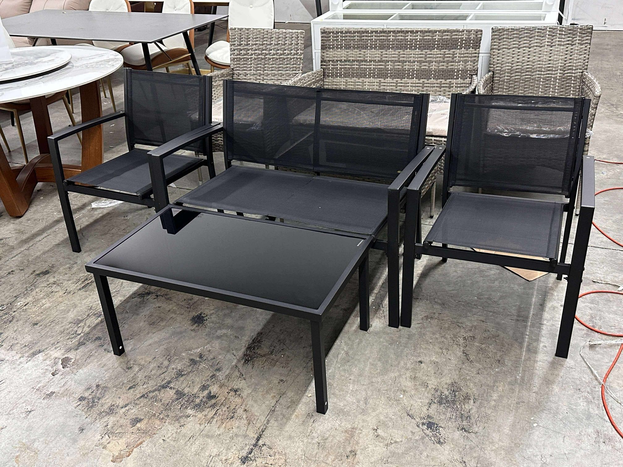 4 Piece Patio Furniture Set Modern Conversation Loveseat,Glass Coffee Table  (Black)