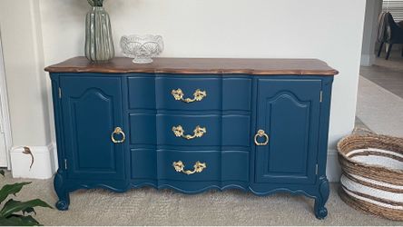 Refinished Solid Wood Blue Buffet Cabinet / Sideboard