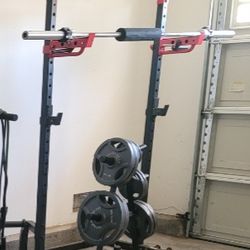 SUNNY SQUAT RACK, 245LB WEIGHT SET, BAR, BENCH & WEIGHT RACK