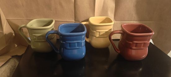Vintage Longaberger Pottery Woven Traditions Soft Square Mugs - Set of 4 Mixed Colors (Sage, Classic Blue, Butternut, Paprika) - Made in USA