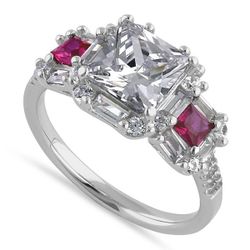 Stock
Sterling Silver Classic Princess, Emerald & Round Cut with Clear & Ruby CZ Accents Ring
