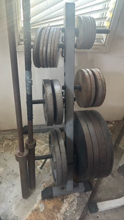 Olympic Bar plates and Weight Tree